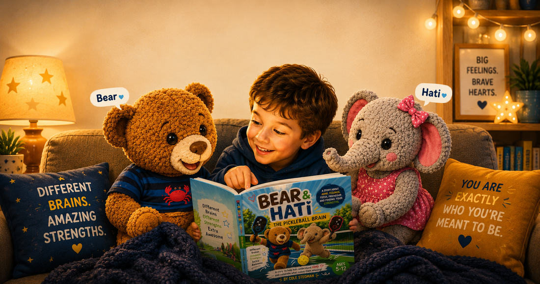 Bear and Hati reading ADHD book with child feeling understood at bearandhati.com