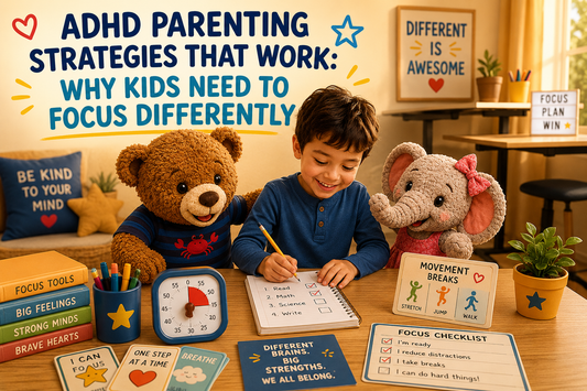 Bear and Hati helping a child with ADHD use focus strategies and movement breaks at home