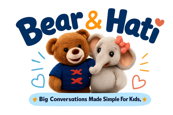 Bear and Hati official logo — Big Conversations Made Simple for Kids — ADHD children's book brand by Cole Stegman
