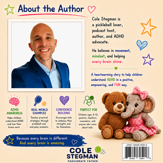The Pickleball Brain back cover — Bear and Hati Series 1 ADHD children's book by Cole Stegman — ages 5 to 12